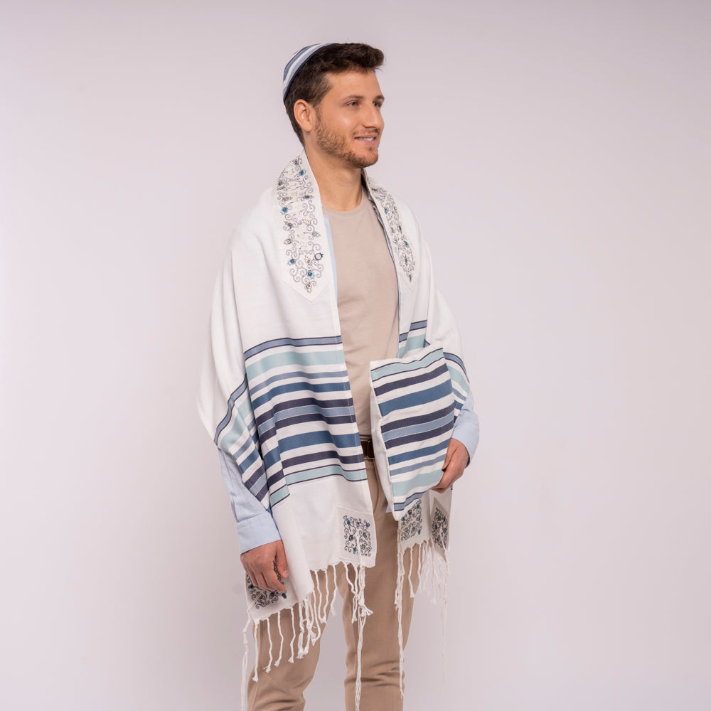Modern Stripe Tallit Set with Silk Embroidered Atara - 21 inch