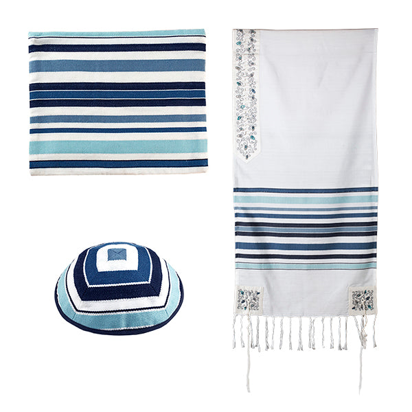 Modern Stripe Tallit Set with Silk Embroidered Atara - 21 inch