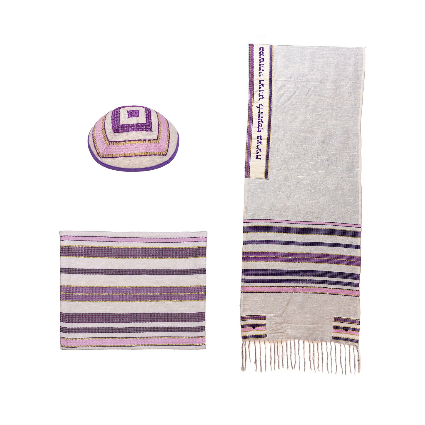 Gray and Pink Hand Woven Tallit Set