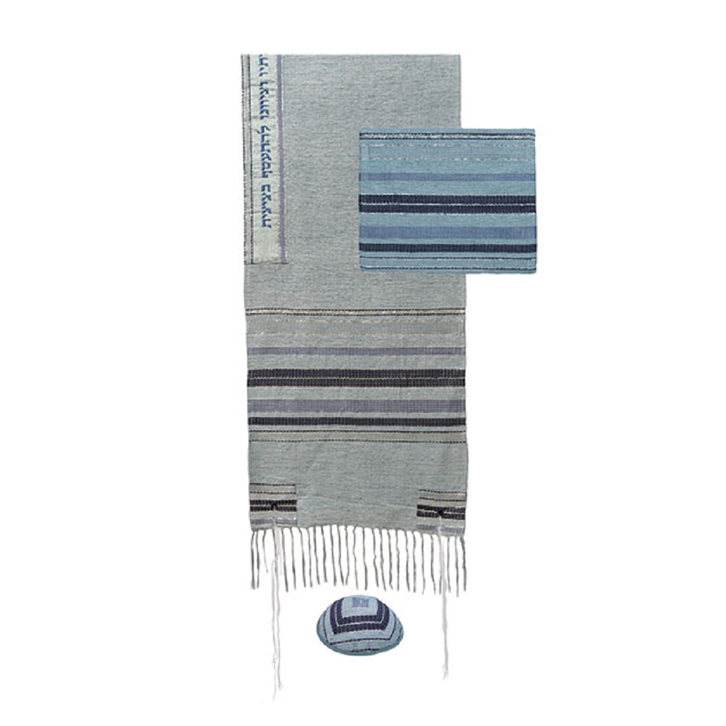 Blue and Gray Hand Woven Tallit Set