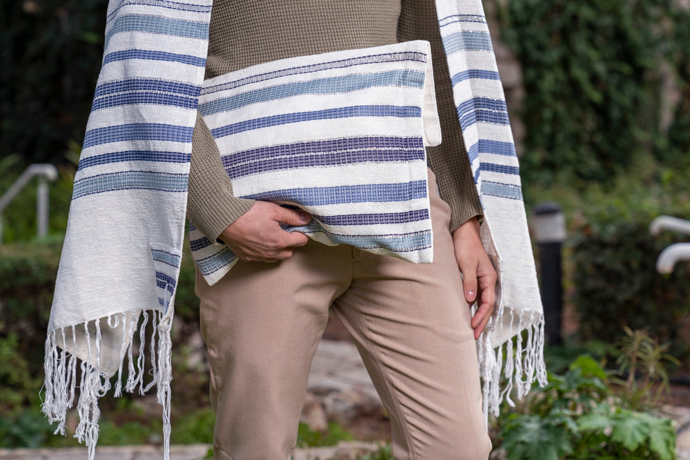 Blue Hand-Woven Tallit Set – Cotton and Silk
