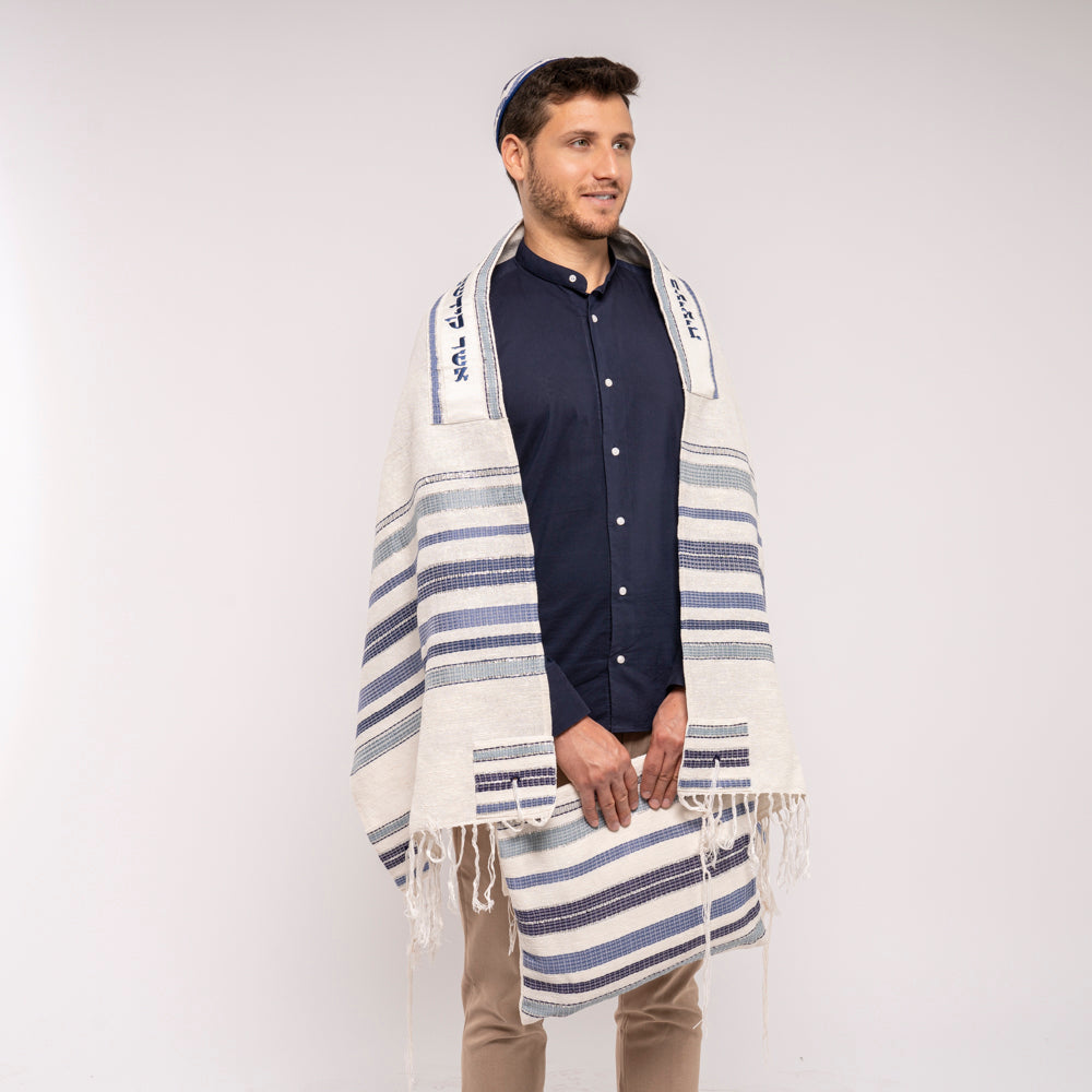 Blue Hand-Woven Tallit Set – Cotton and Silk
