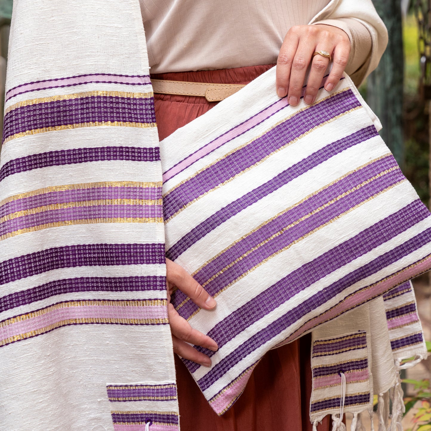 Gray and Pink Hand Woven Tallit Set