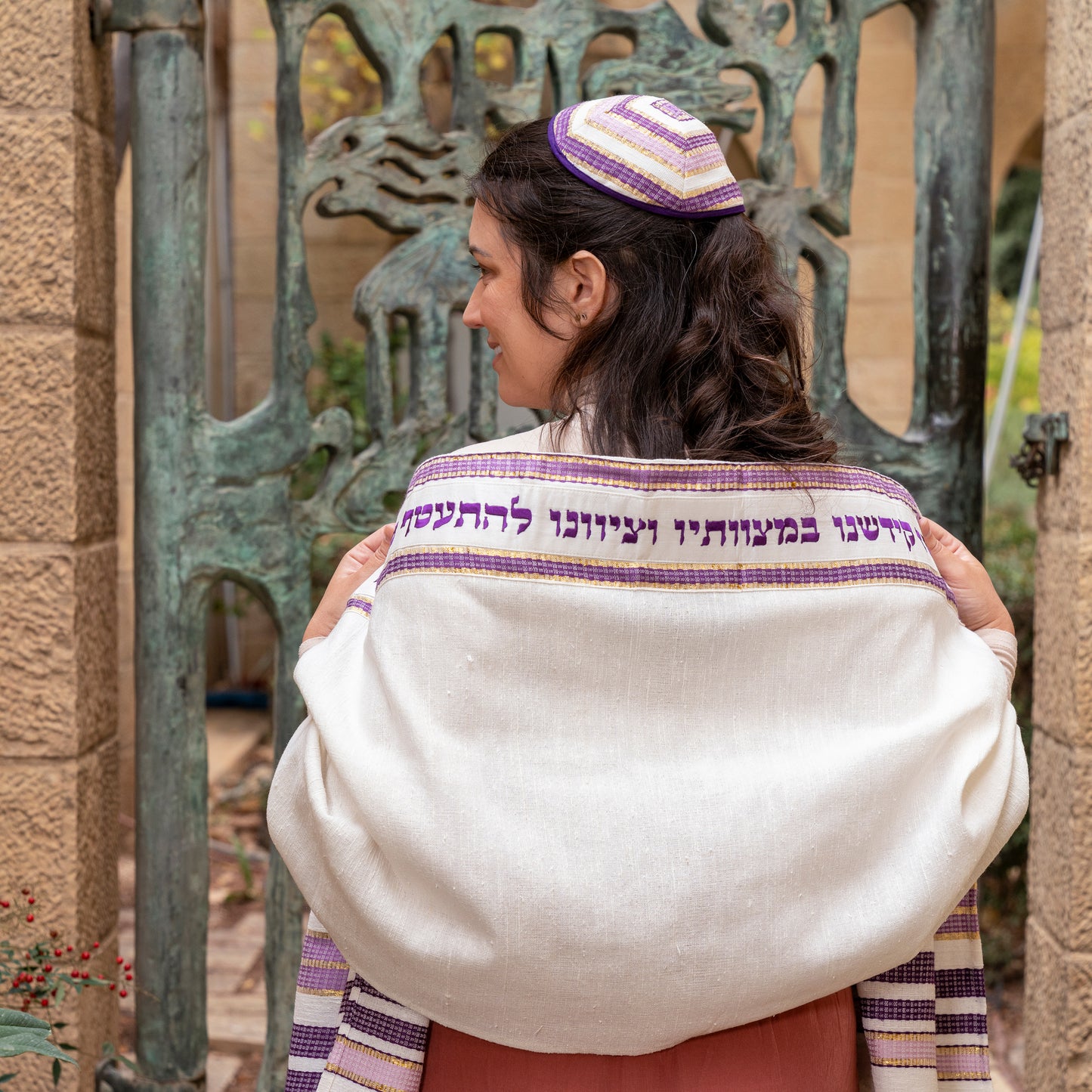 Gray and Pink Hand Woven Tallit Set