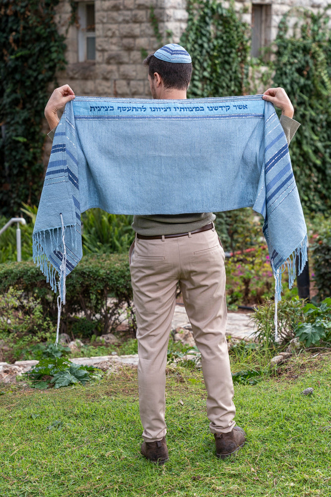 Blue and Gray Hand Woven Tallit Set