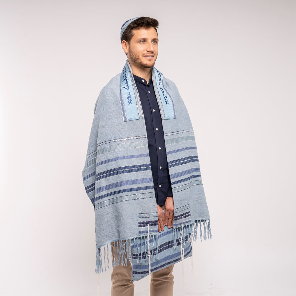 Blue and Gray Hand Woven Tallit Set