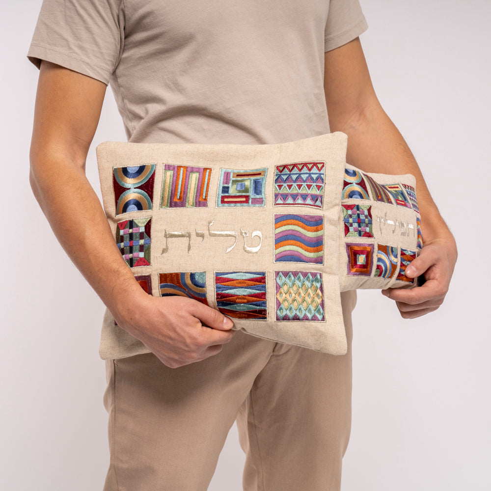 Silk Embroidered Tallit Bag – Multicolored Geometric Design