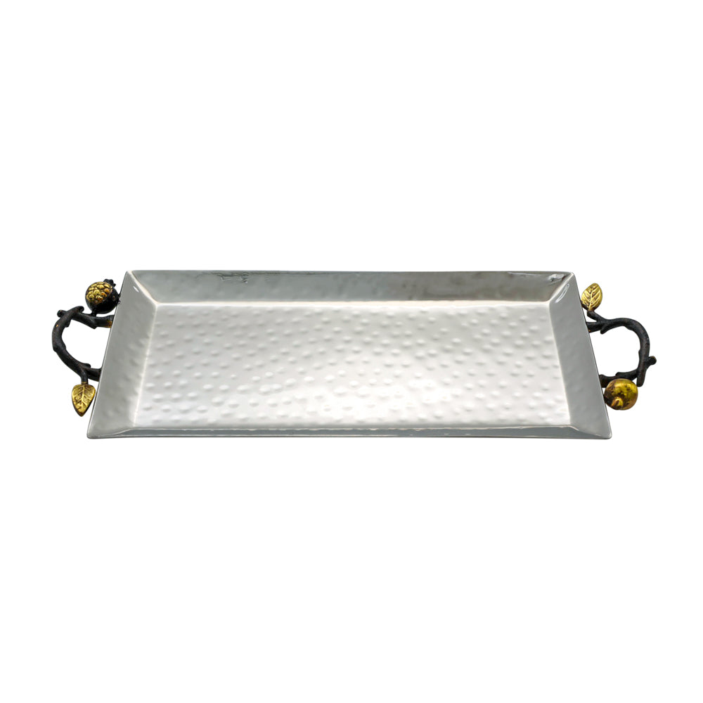 Decorative Hammered Stainless Steel Serving Tray with Gold Pomegranate Handles