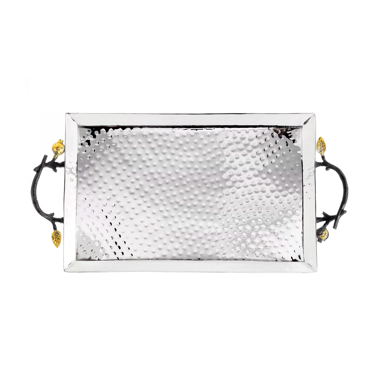Decorative Hammered Stainless Steel Serving Tray with Gold Pomegranate Handles - Large -7.9" X 12.6"