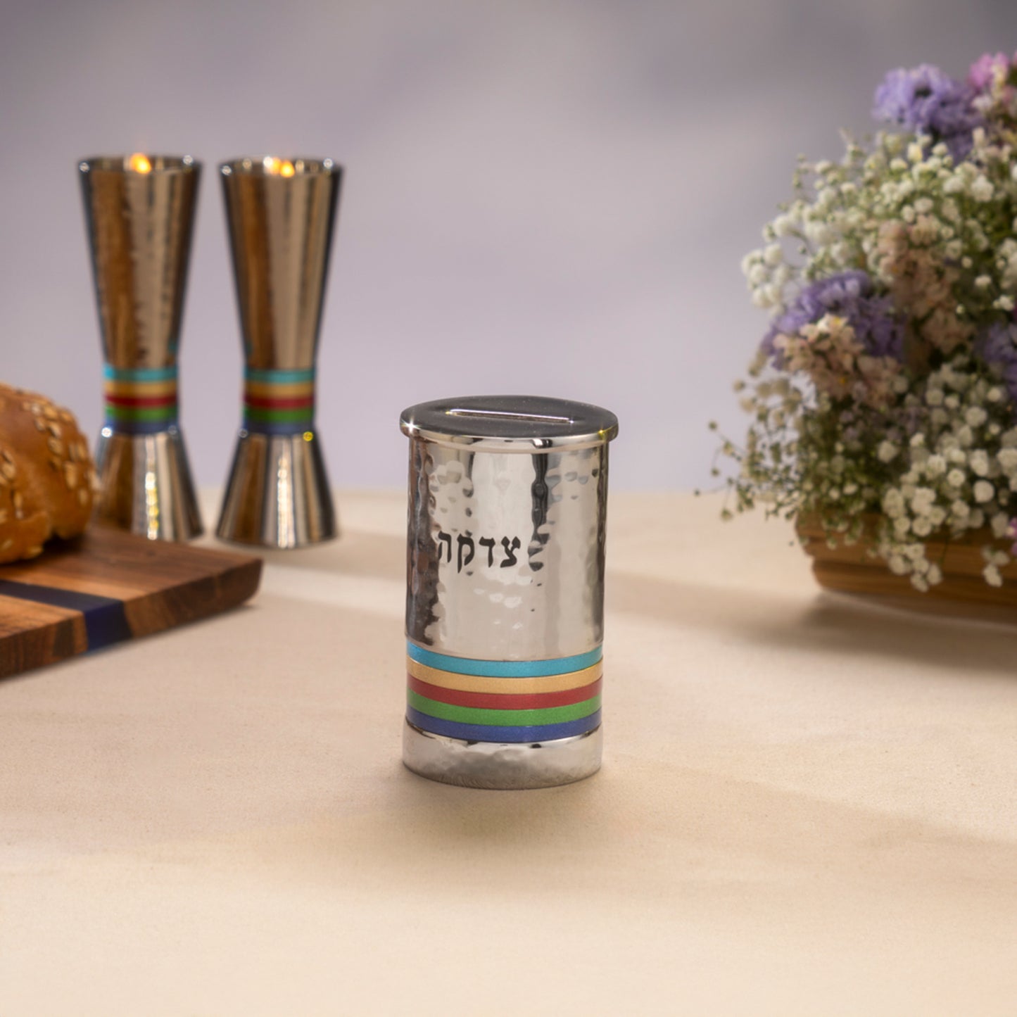 Hammered Nickel Tzedakah Box with Multicolored Rings