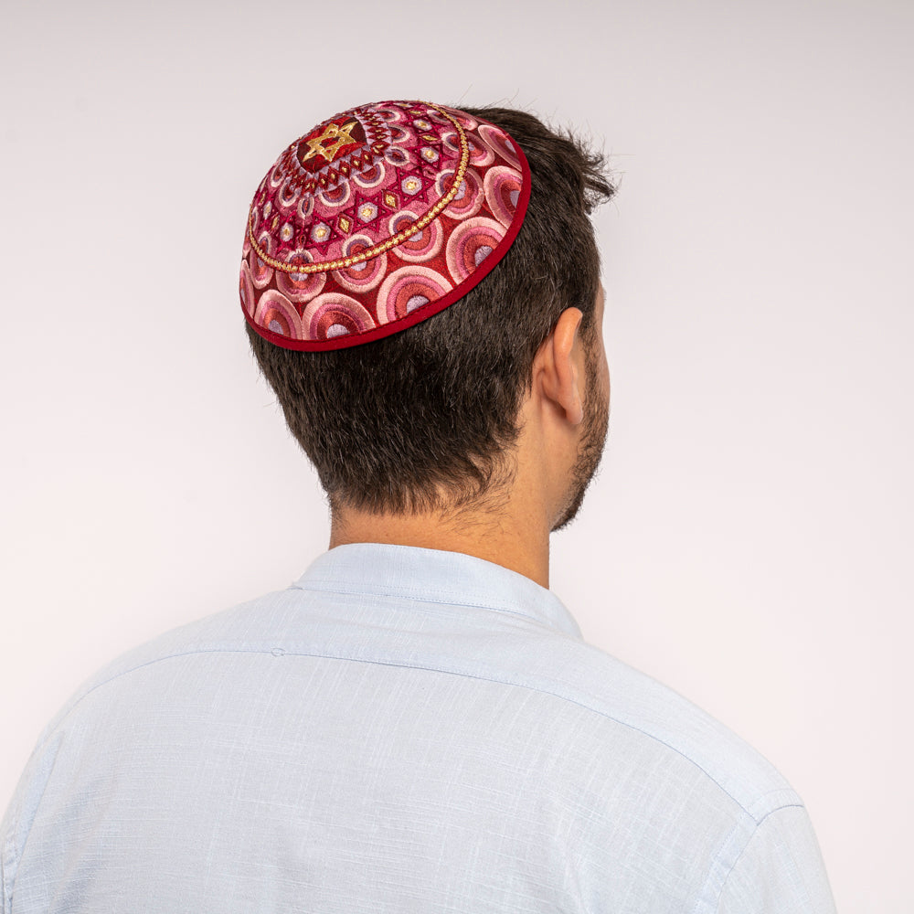 Embroidered Kippah - Rainbow and Star of David - Maroon