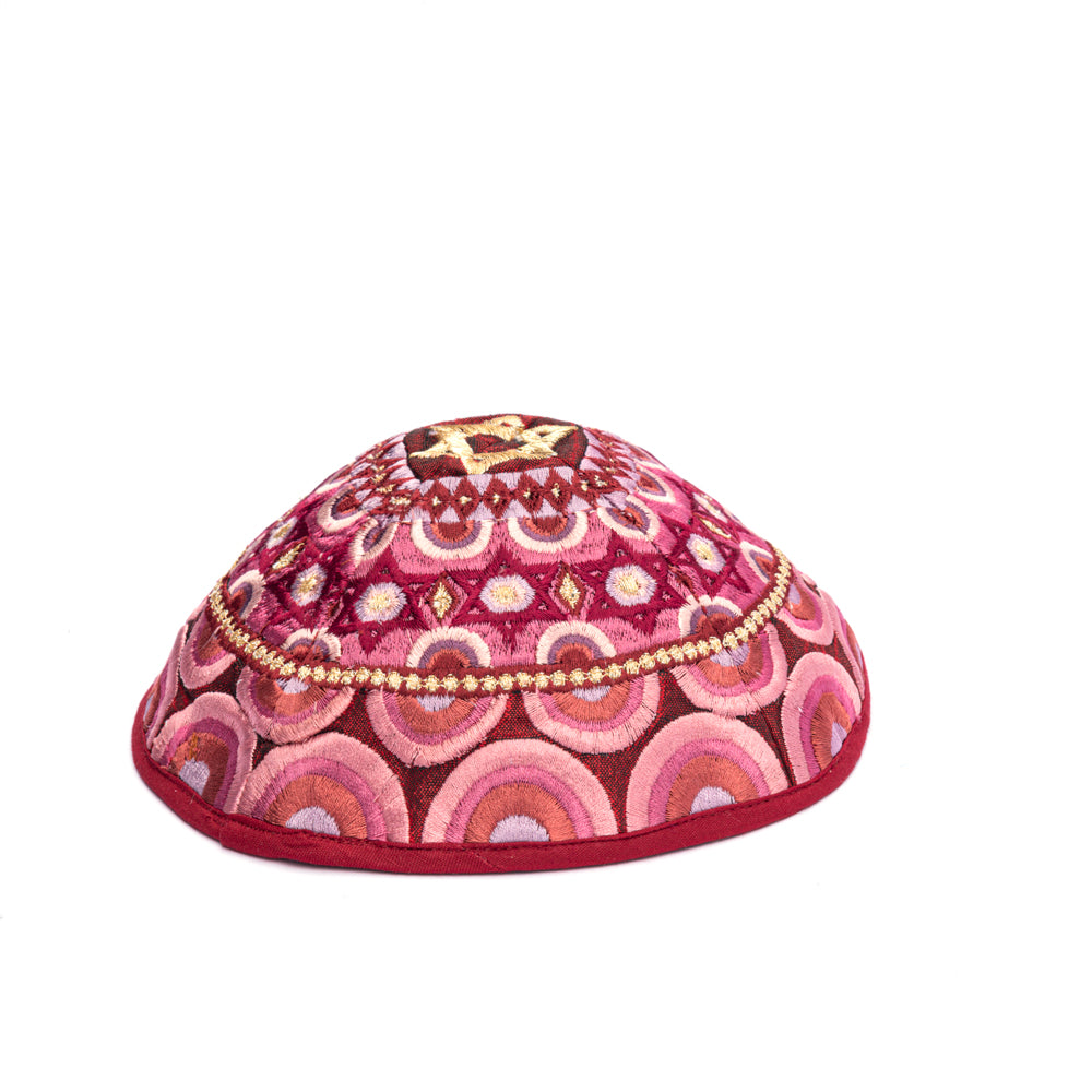 Embroidered Kippah - Rainbow and Star of David - Maroon