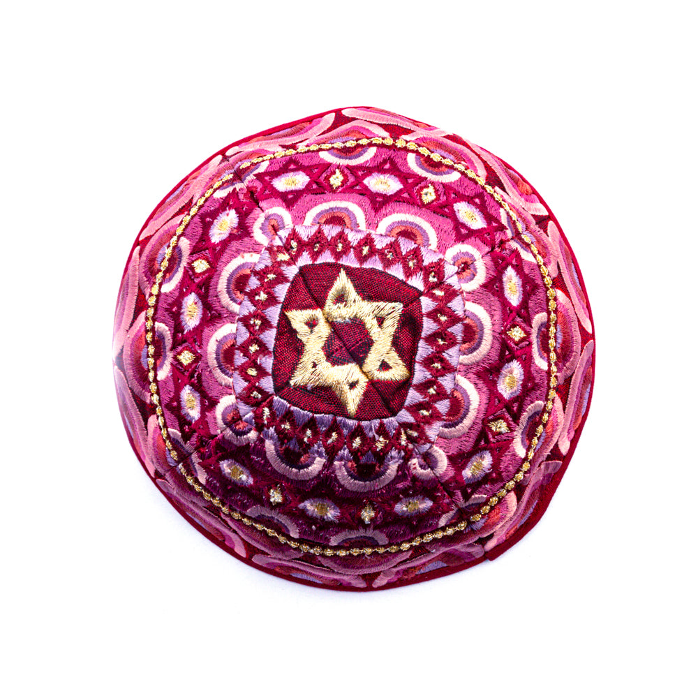 Embroidered Kippah - Rainbow and Star of David - Maroon