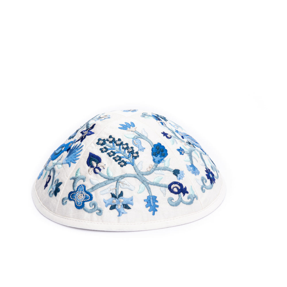 Premium Embroidered Kippah - Birds and Flowers - Blue