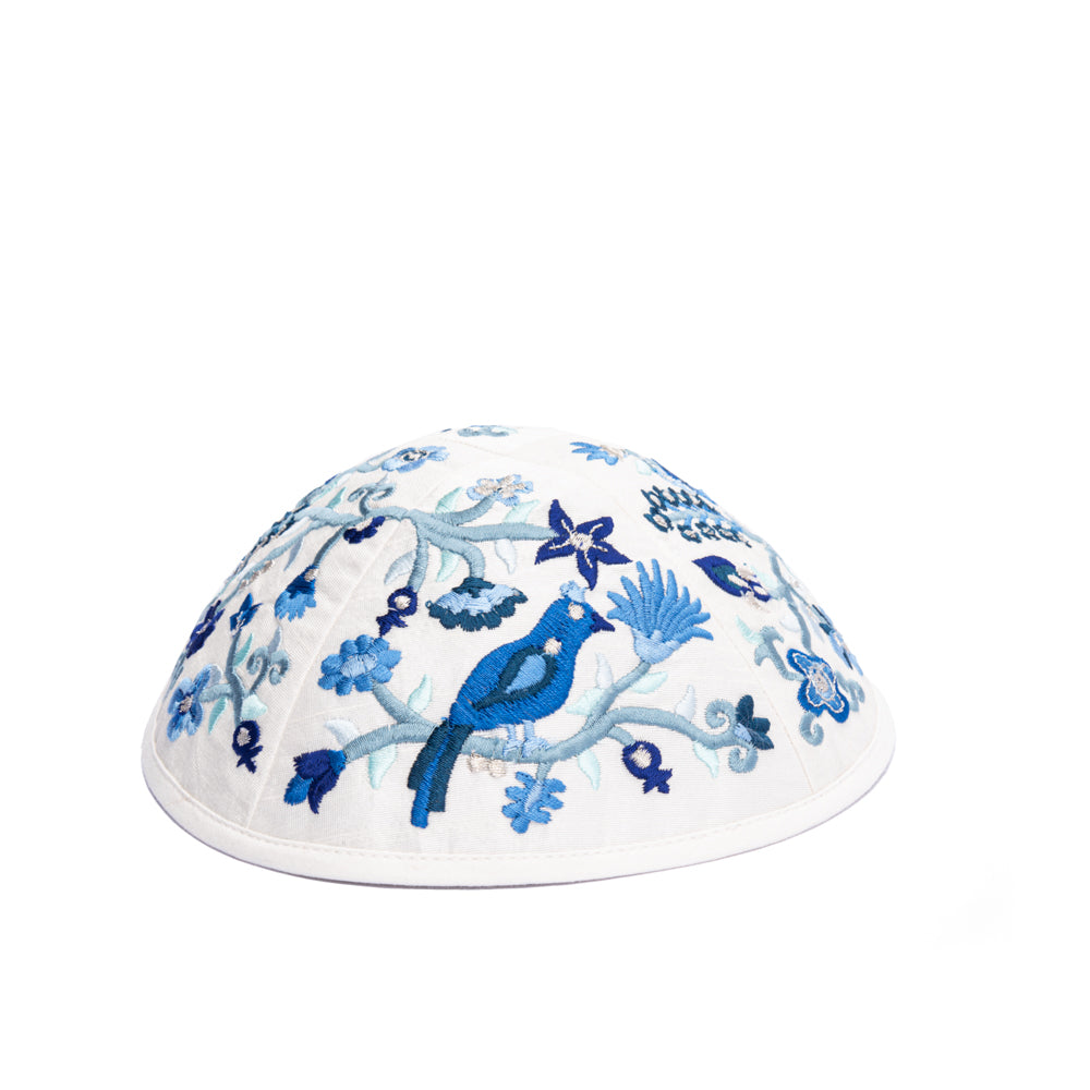 Premium Embroidered Kippah - Birds and Flowers - Blue