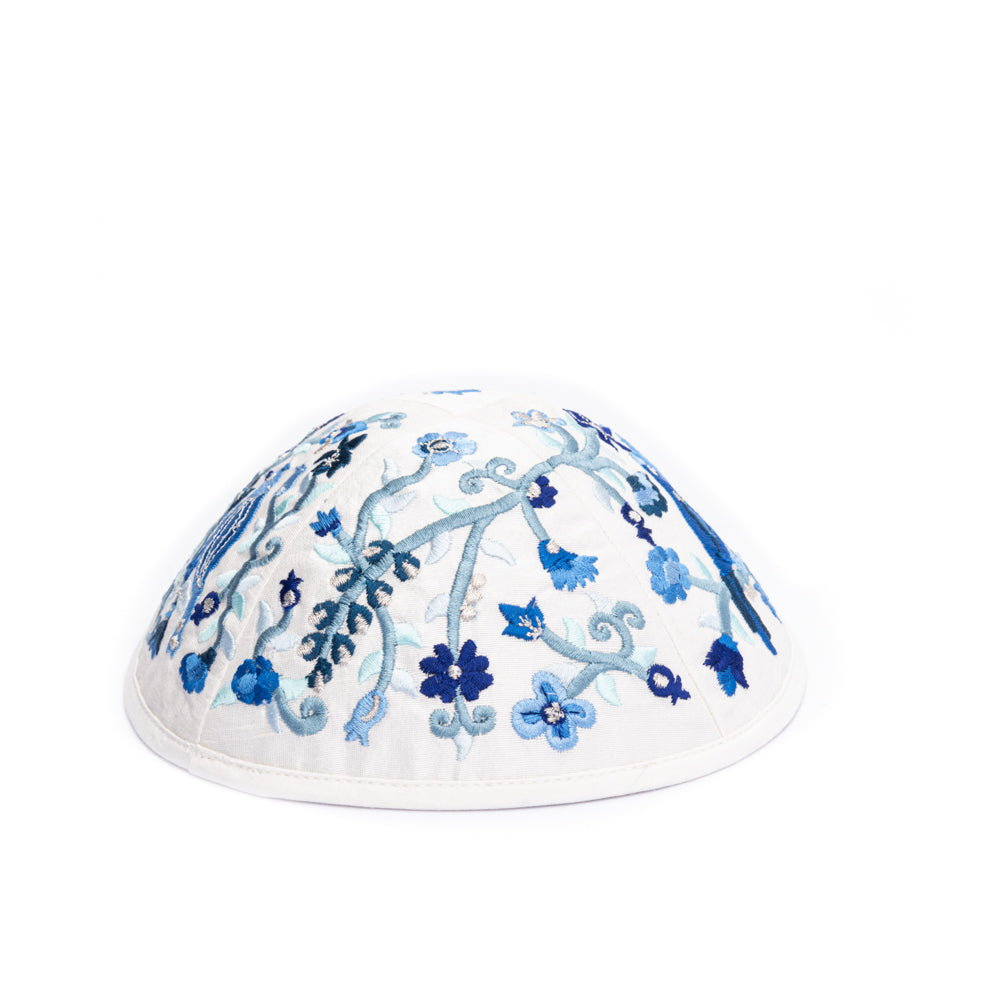 Premium Embroidered Kippah - Birds and Flowers - Blue