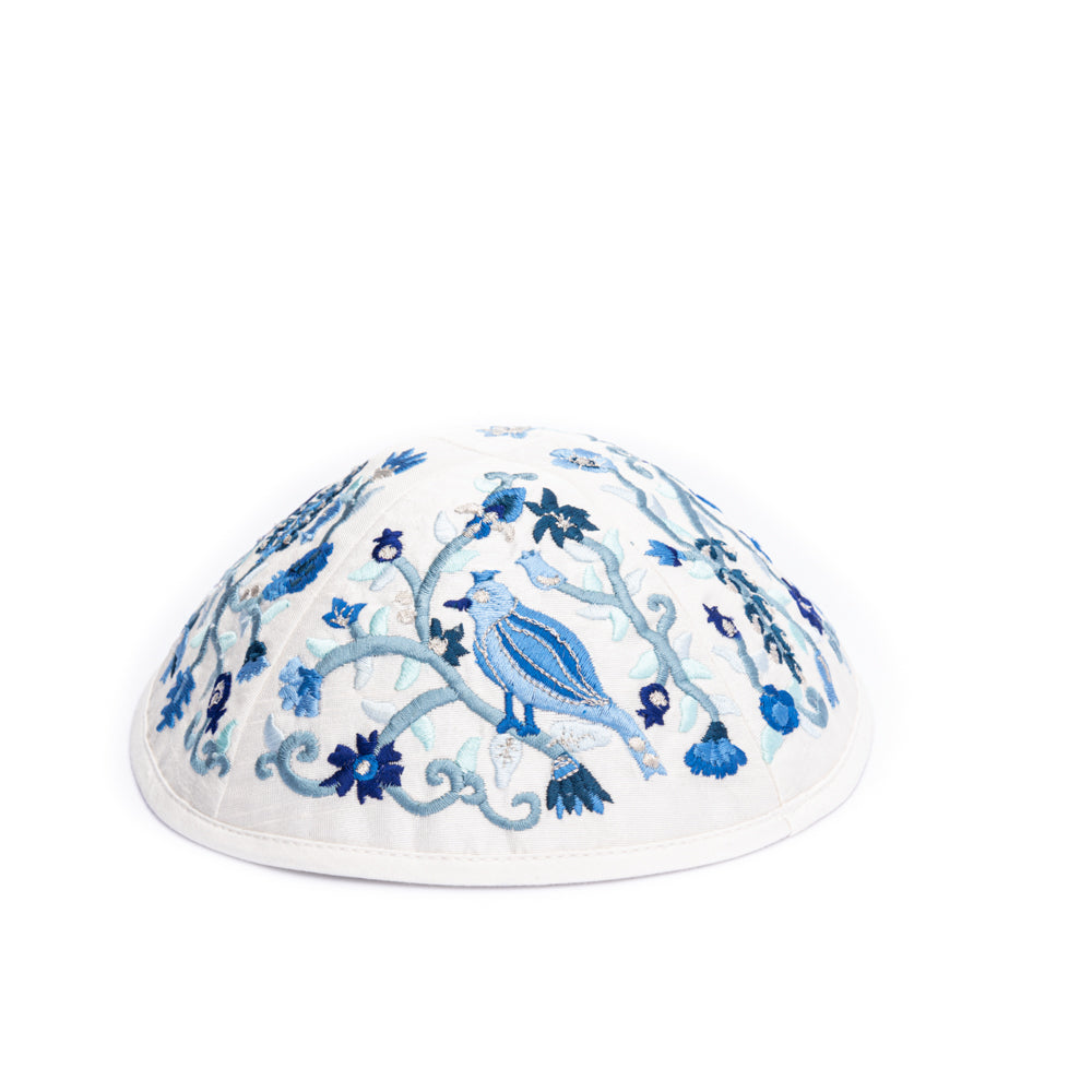 Premium Embroidered Kippah - Birds and Flowers - Blue