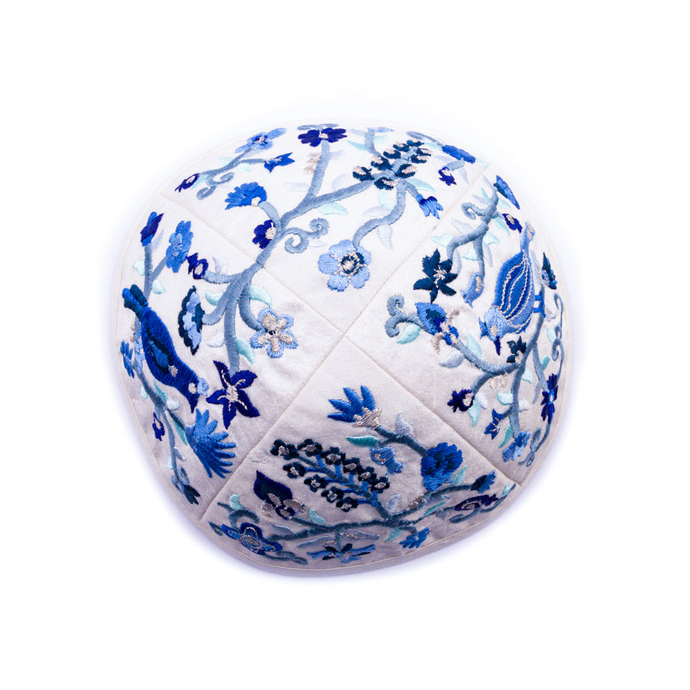 Premium Embroidered Kippah - Birds and Flowers - Blue