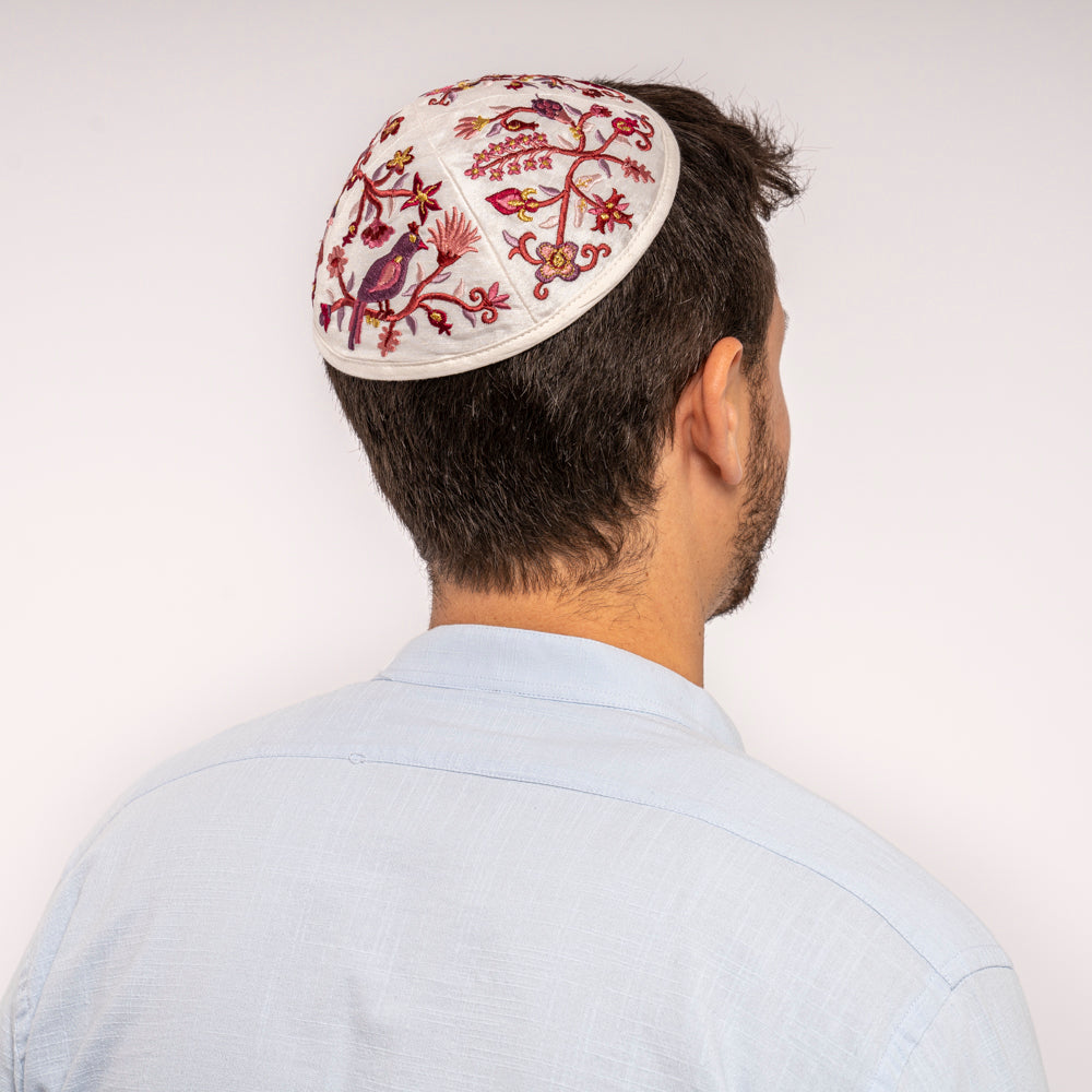 Premium Embroidered Kippah - Birds and Flowers - Maroon