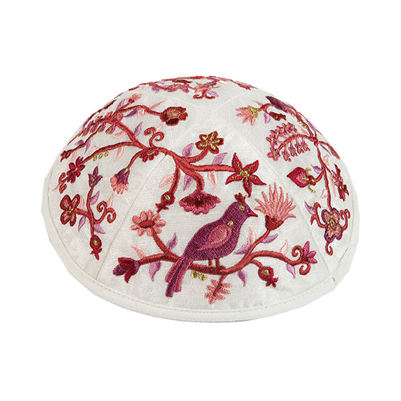 Premium Embroidered Kippah - Birds and Flowers - Maroon