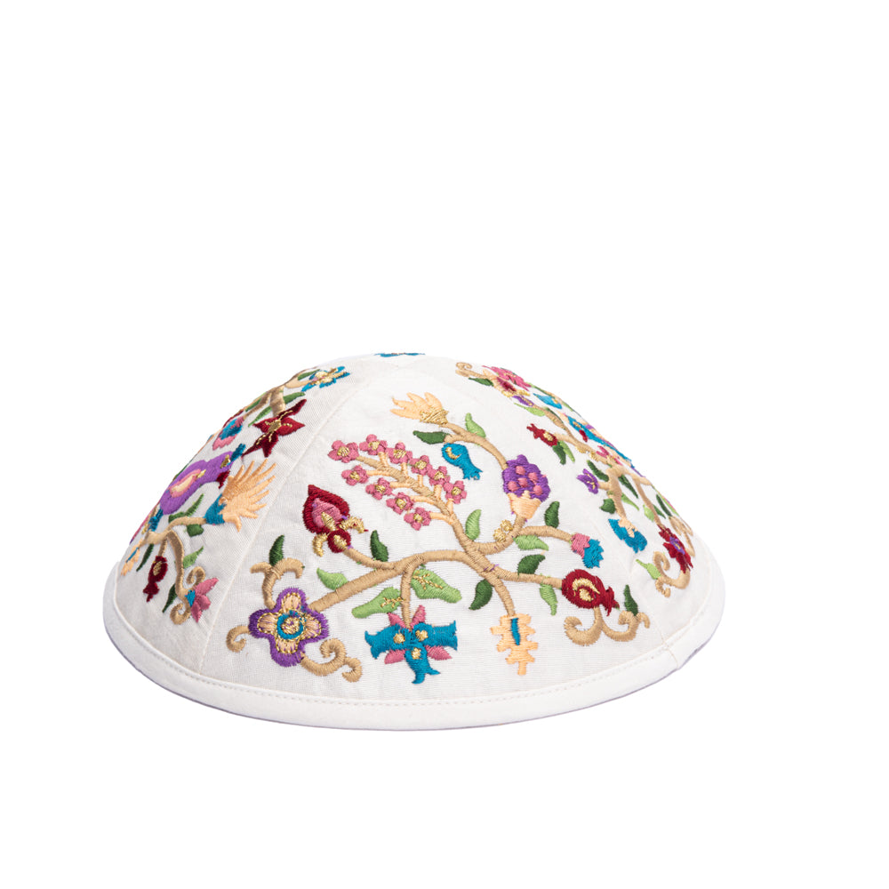 Premium Embroidered Kippah - Multicolored Birds and Flowers