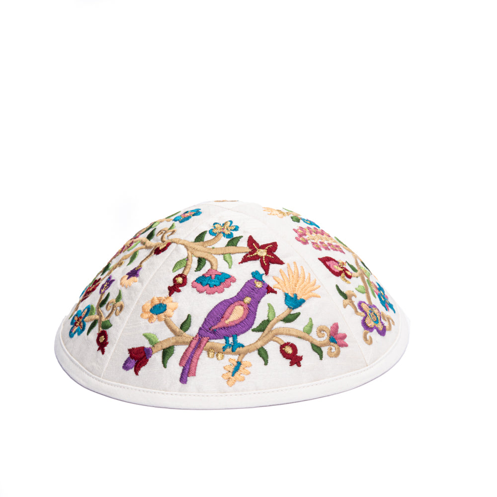 Premium Embroidered Kippah - Multicolored Birds and Flowers