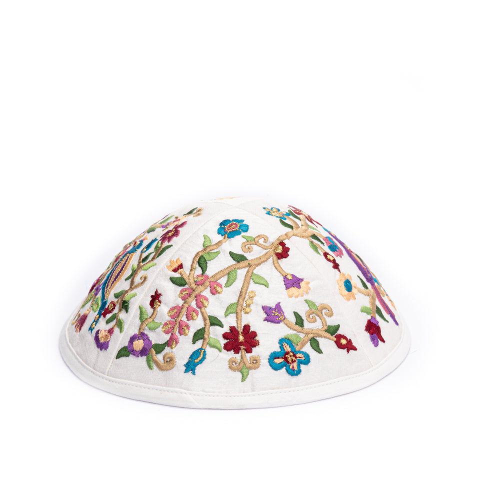 Premium Embroidered Kippah - Multicolored Birds and Flowers