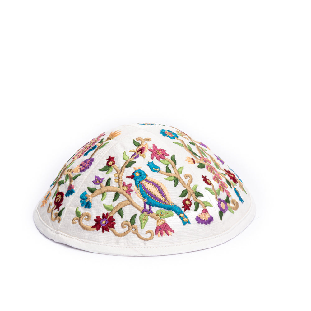 Premium Embroidered Kippah - Multicolored Birds and Flowers