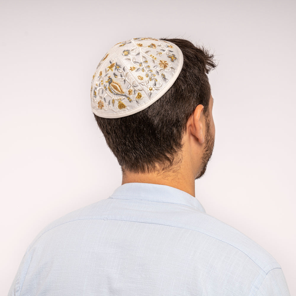 Premium Embroidered Kippah - Birds and Flowers - Gold