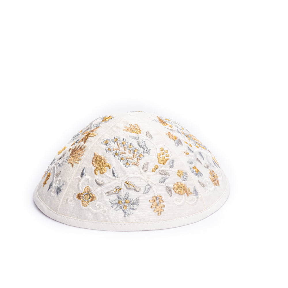 Premium Embroidered Kippah - Birds and Flowers - Gold