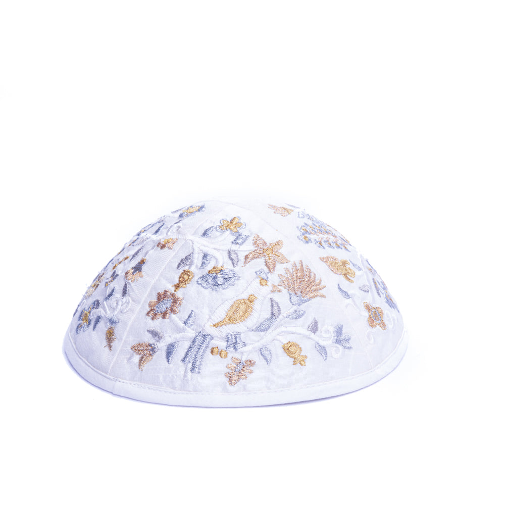 Premium Embroidered Kippah - Birds and Flowers - Gold