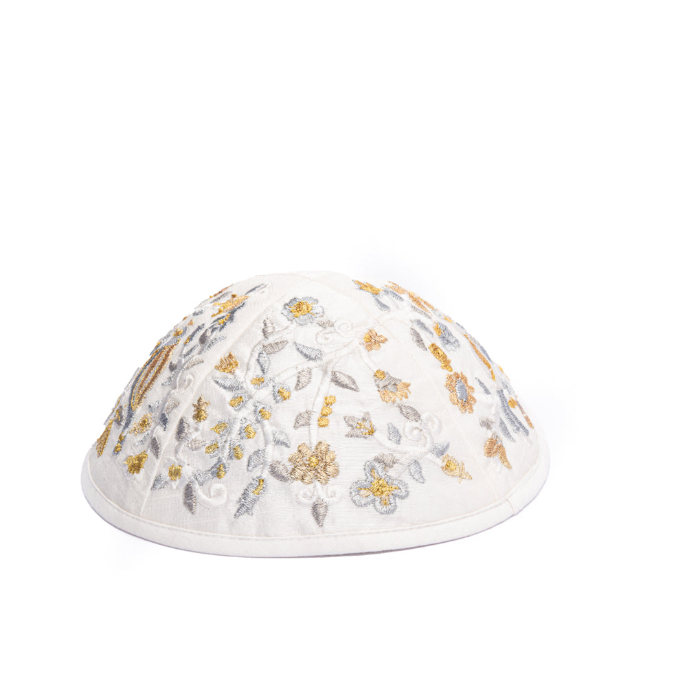 Premium Embroidered Kippah - Birds and Flowers - Gold
