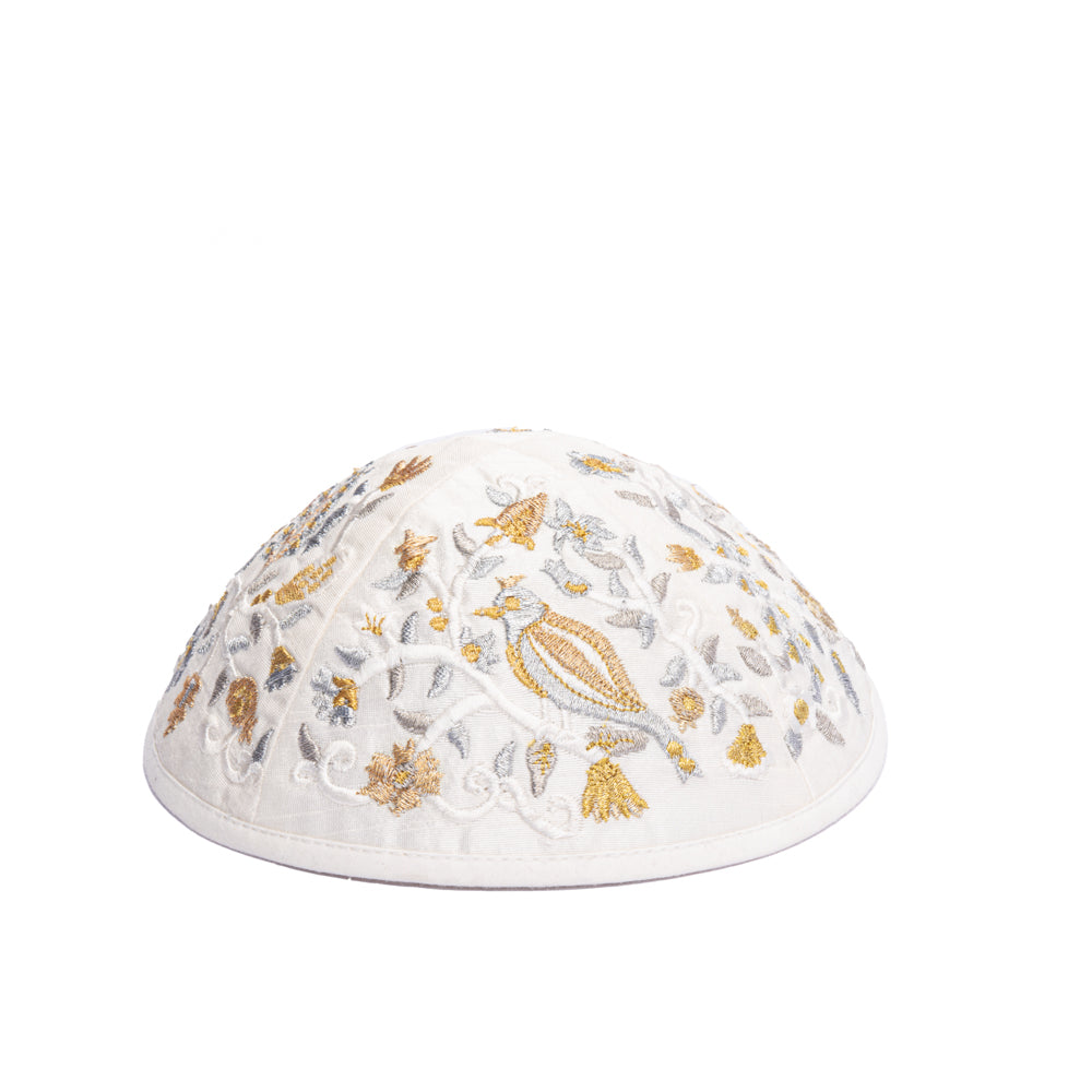 Premium Embroidered Kippah - Birds and Flowers - Gold