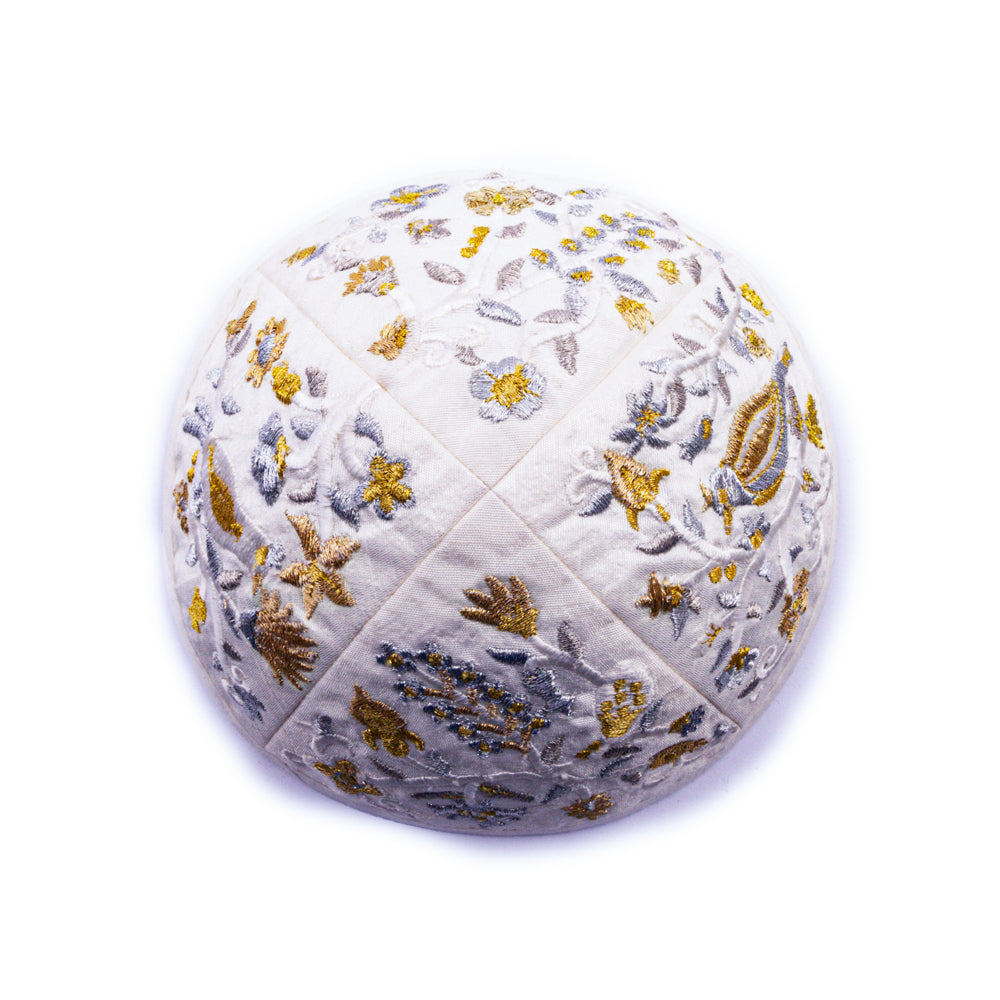 Premium Embroidered Kippah - Birds and Flowers - Gold