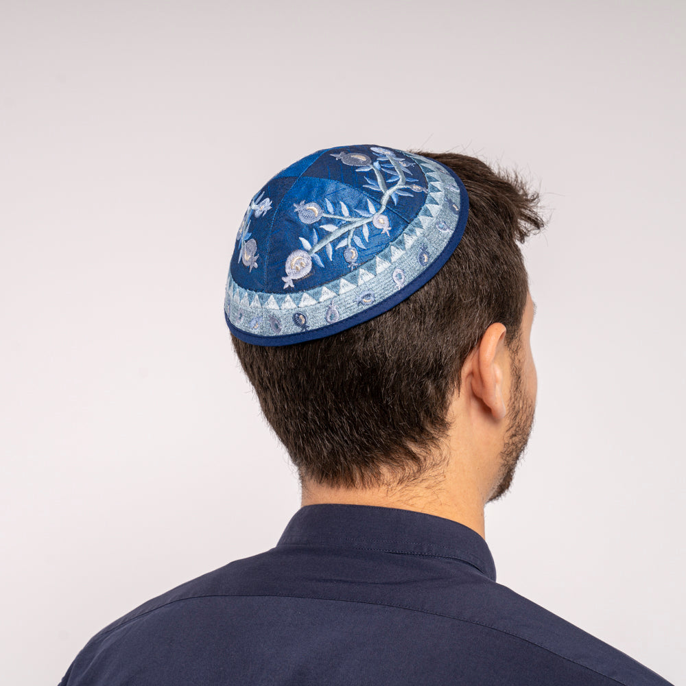 Embroidered Kippah - Blue Pomegranates