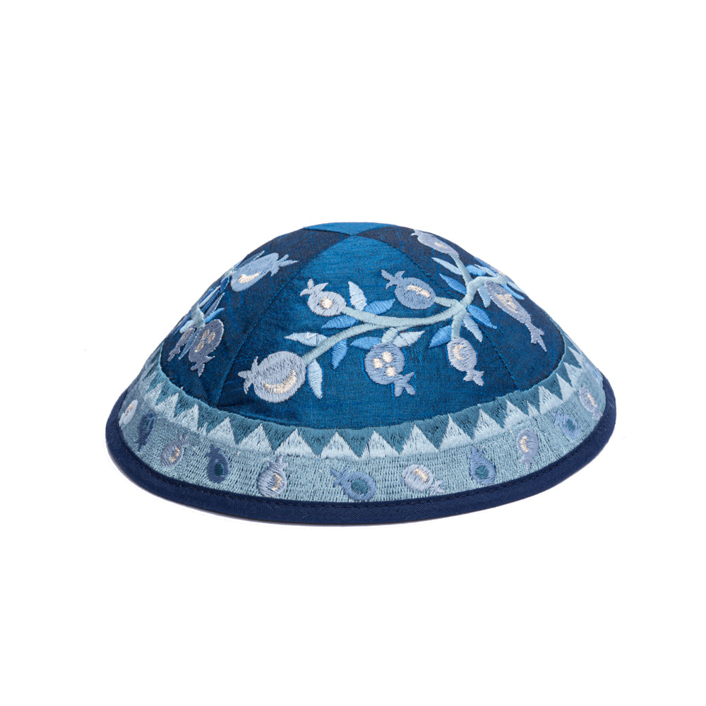 Embroidered Kippah - Blue Pomegranates