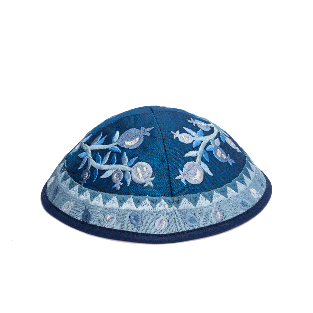Embroidered Kippah - Blue Pomegranates