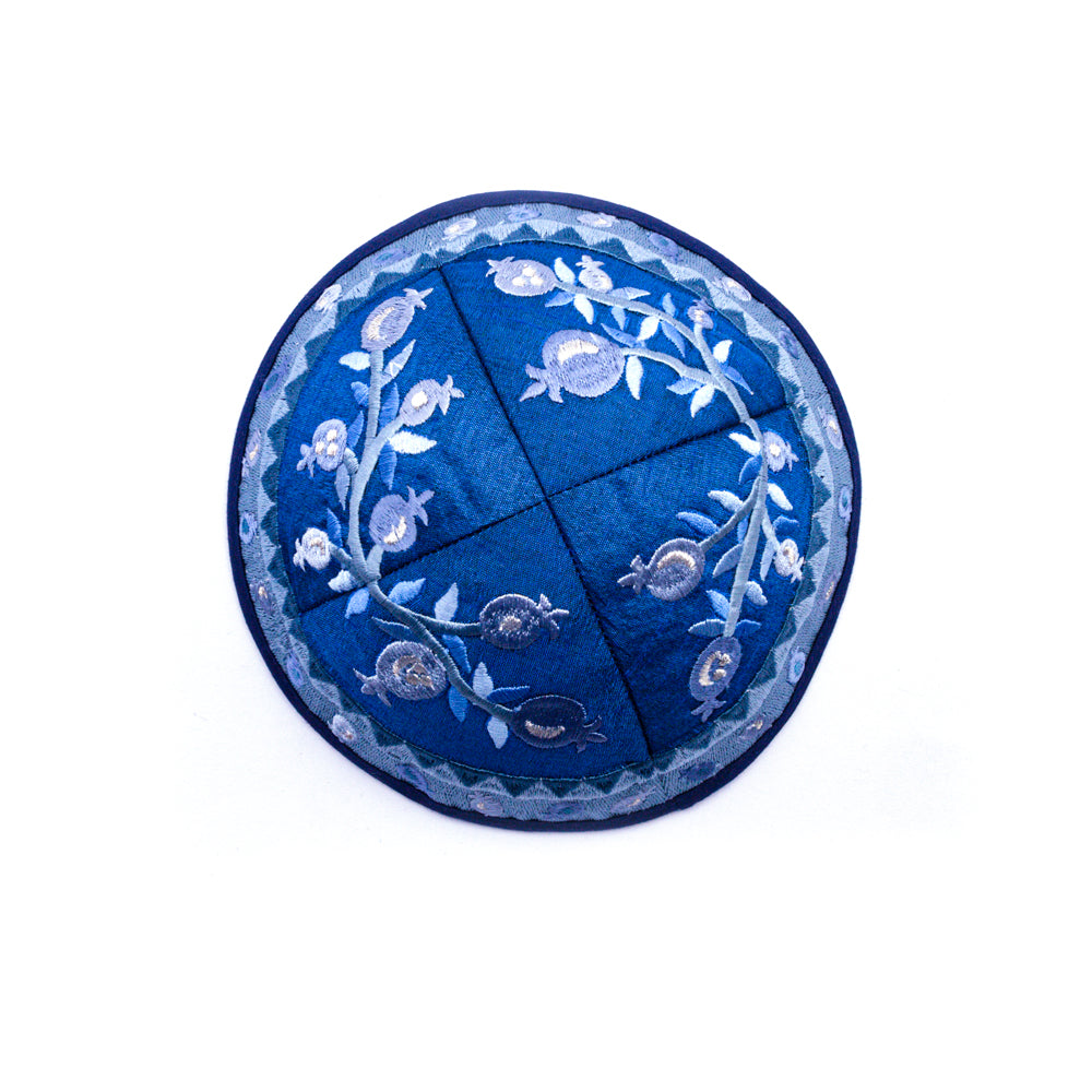 Embroidered Kippah - Blue Pomegranates