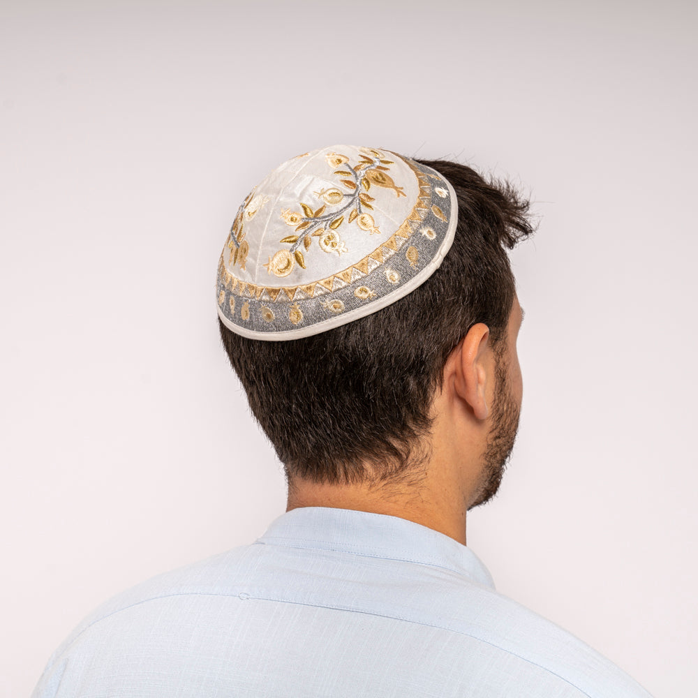 Embroidered Kippah - Gold Pomegranates