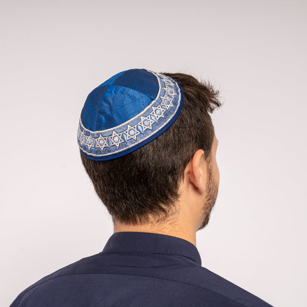 Embroidered Kippah - Star of David - Blue
