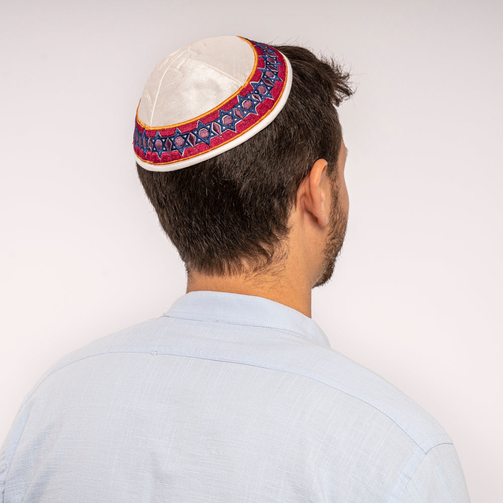 Embroidered Kippah - Star of David - Red