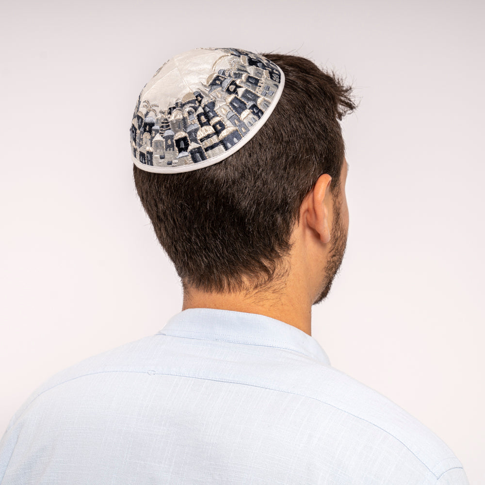 Premium Embroidered Kippah - Jerusalem - Black