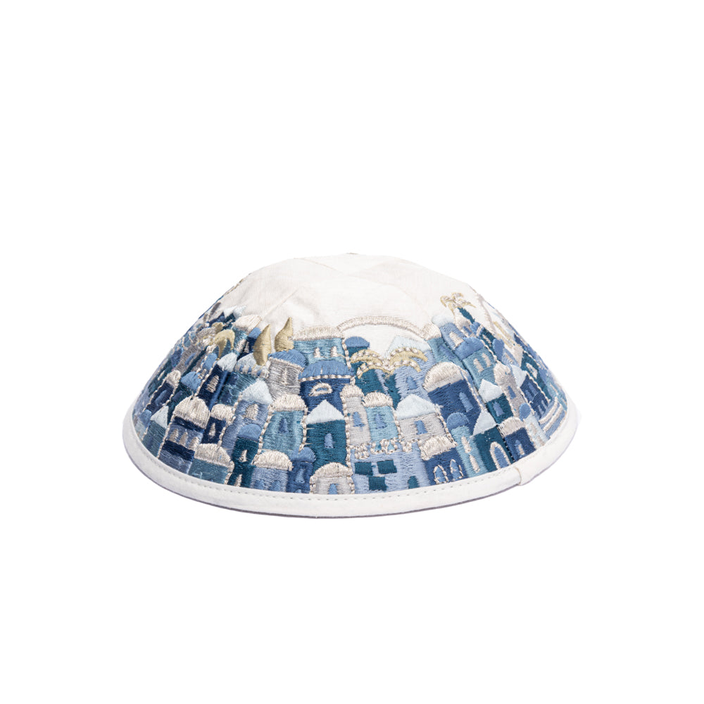 Premium Embroidered Kippah - Jerusalem - Blue