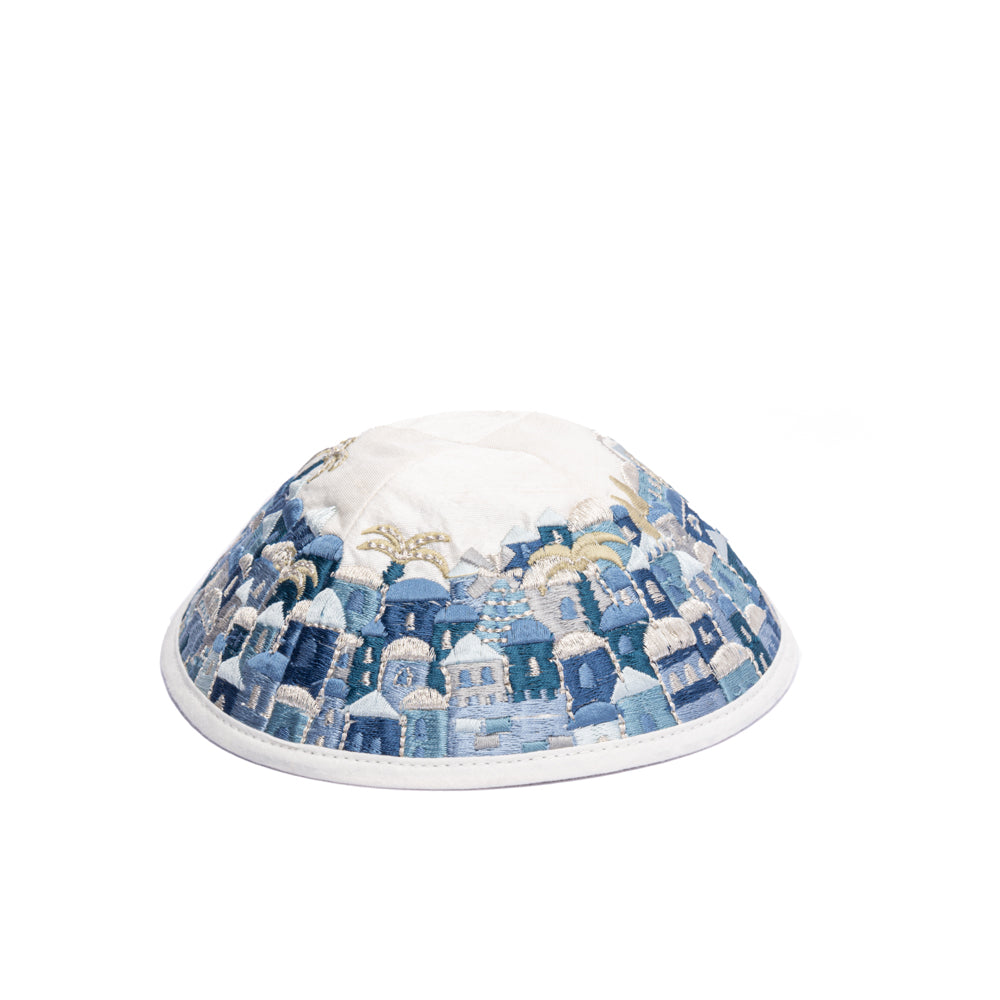Premium Embroidered Kippah - Jerusalem - Blue
