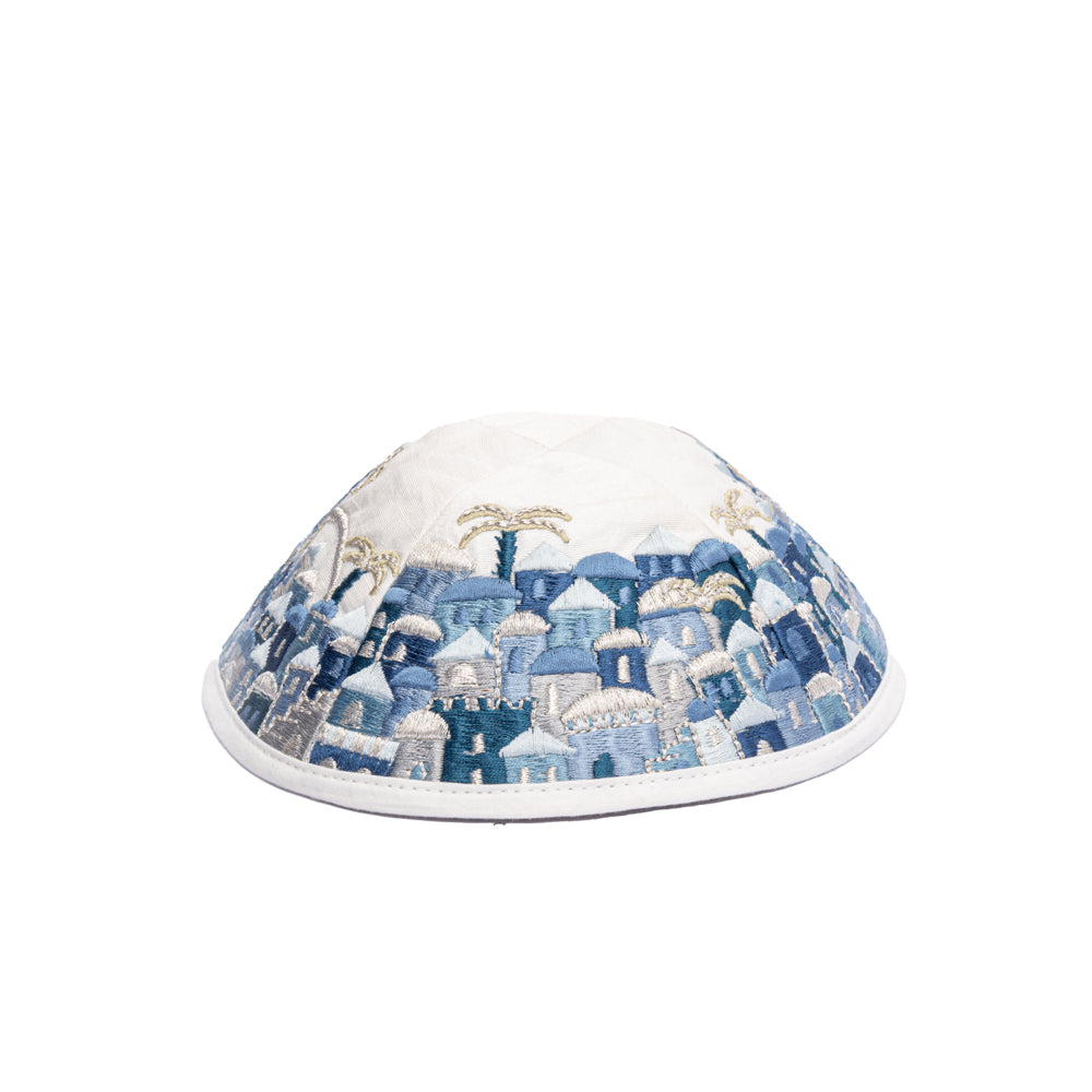 Premium Embroidered Kippah - Jerusalem - Blue