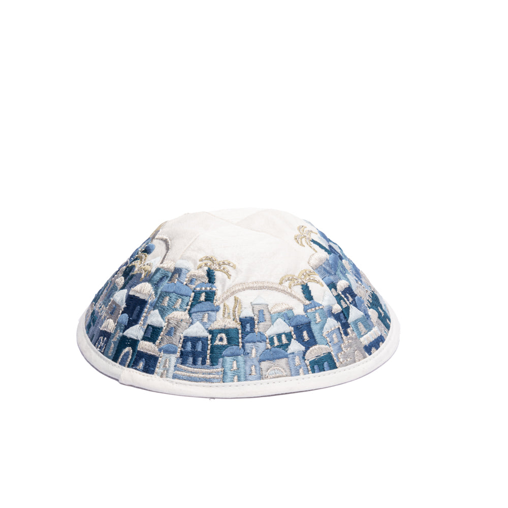 Premium Embroidered Kippah - Jerusalem - Blue