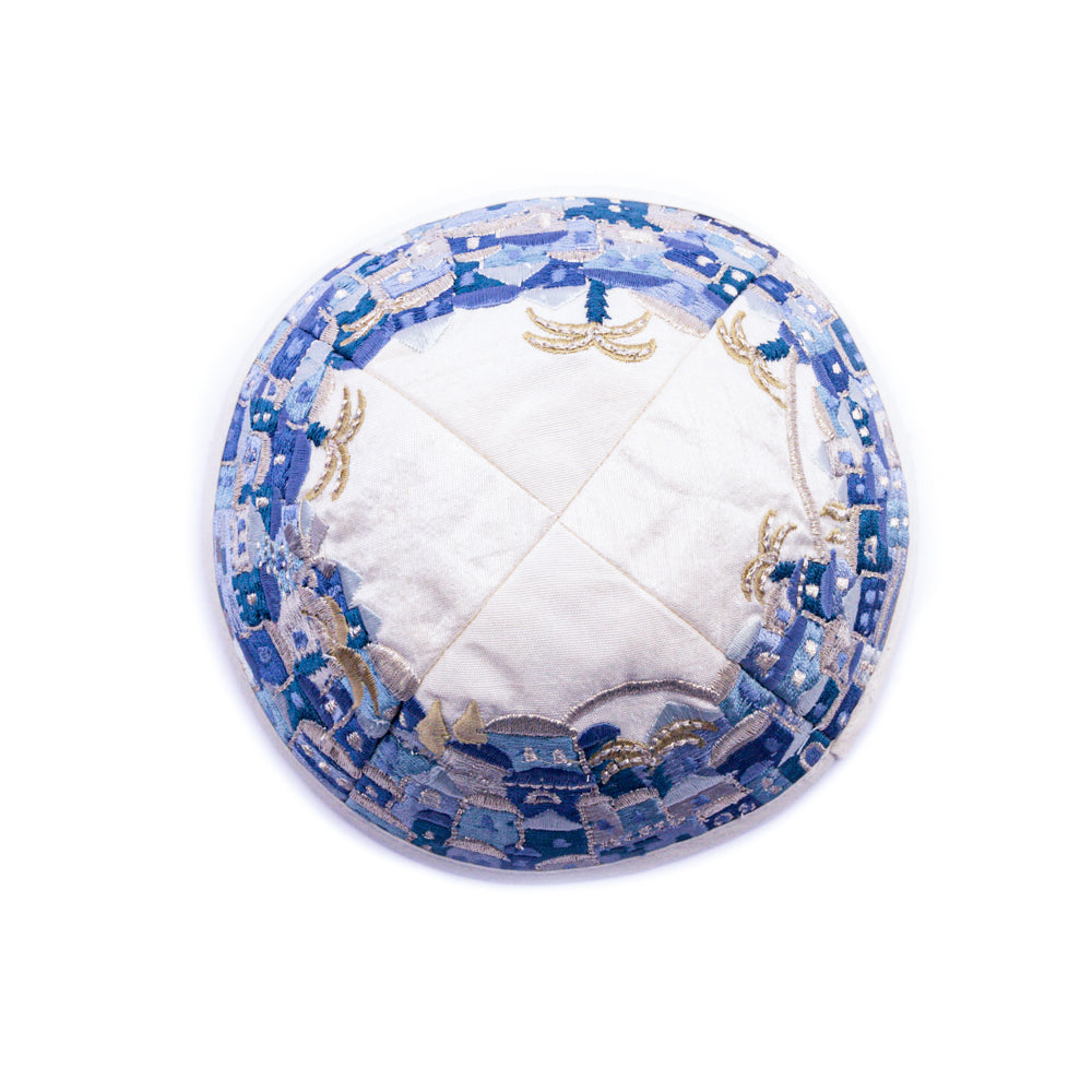 Premium Embroidered Kippah - Jerusalem - Blue