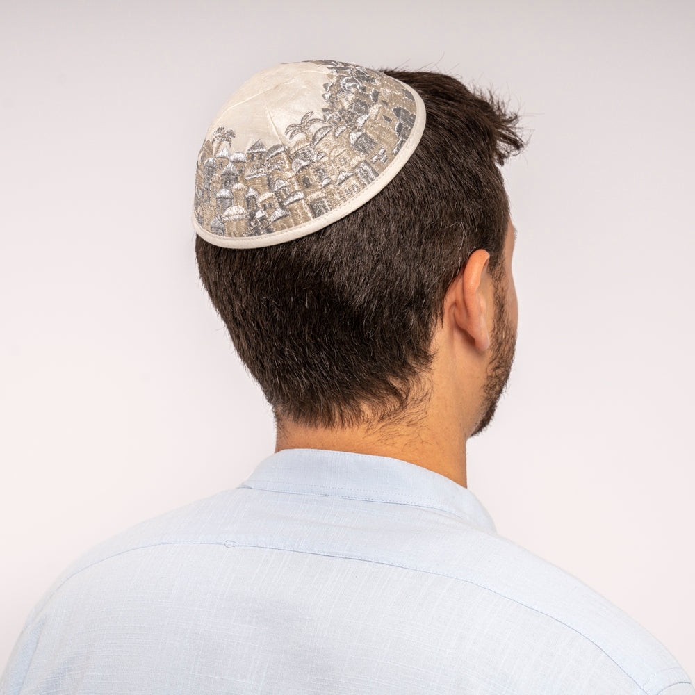 Premium Embroidered Kippah - Jerusalem - Silver