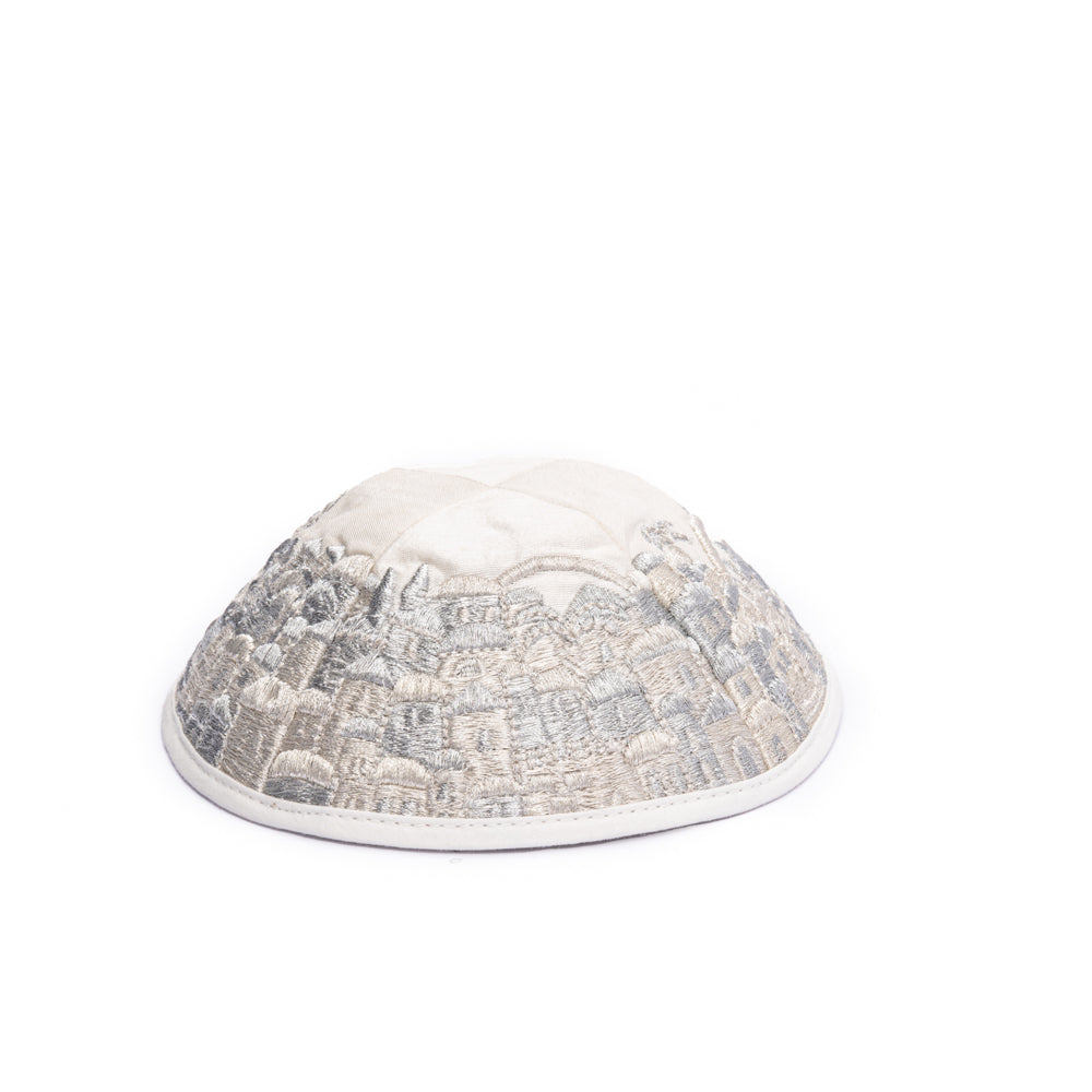 Premium Embroidered Kippah - Jerusalem - Silver