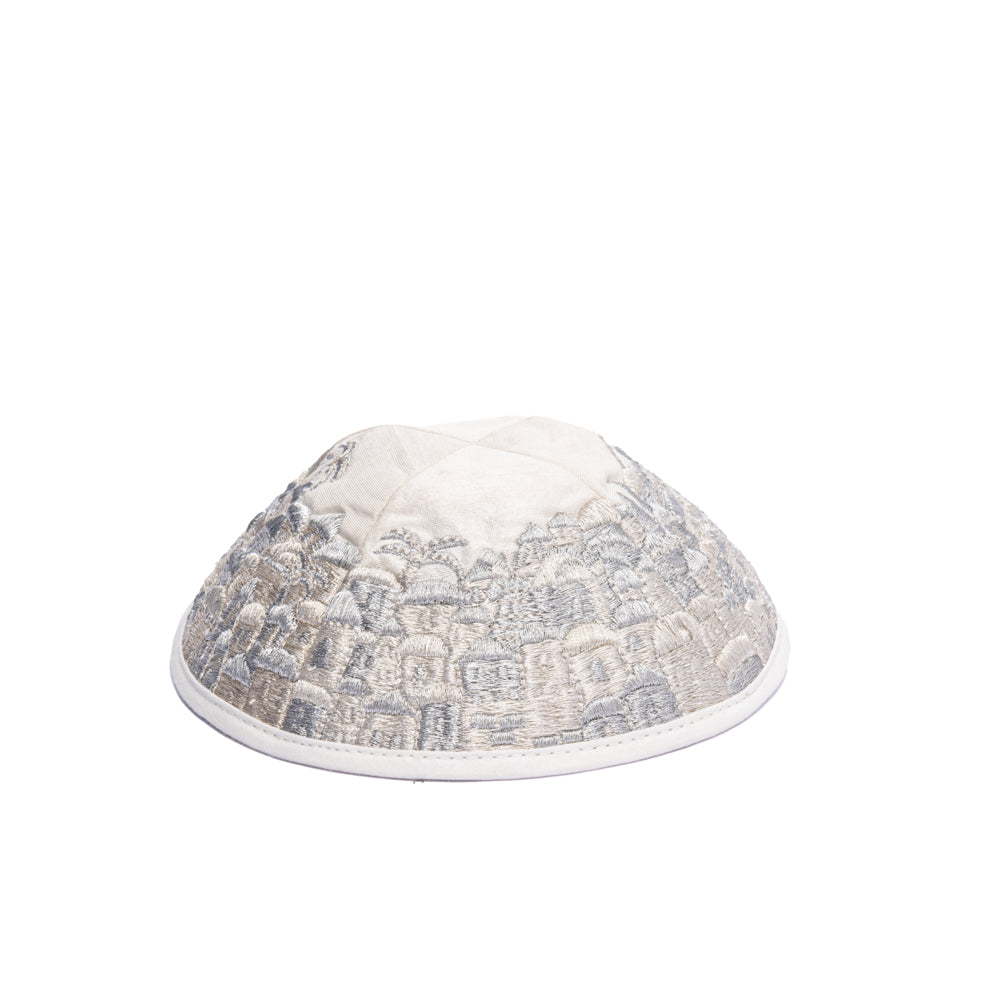 Premium Embroidered Kippah - Jerusalem - Silver